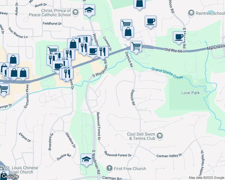 map of restaurants, bars, coffee shops, grocery stores, and more near 300 Redwood Forest Court in Ballwin