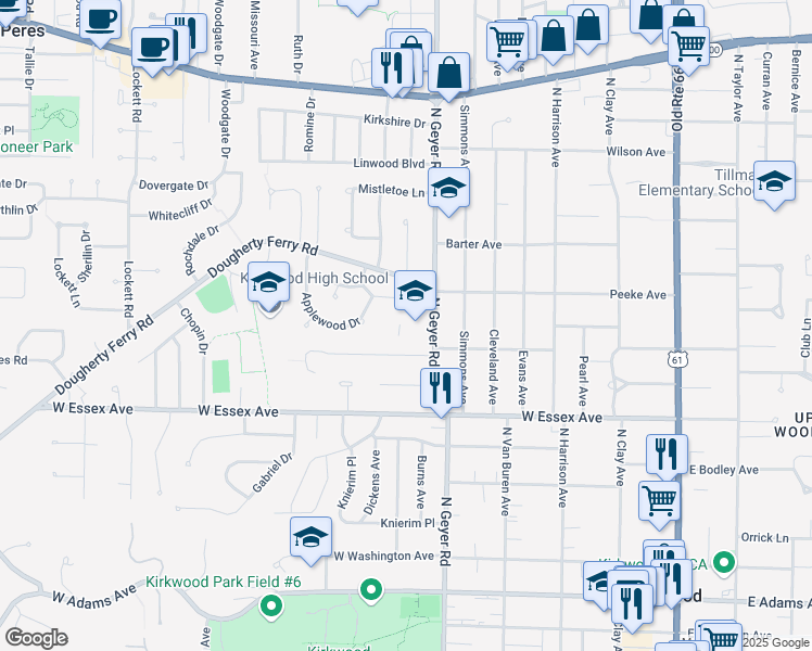 map of restaurants, bars, coffee shops, grocery stores, and more near 725 North Geyer Road in Kirkwood