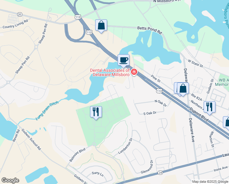 map of restaurants, bars, coffee shops, grocery stores, and more near 20999 Brunswick Lane in Millsboro