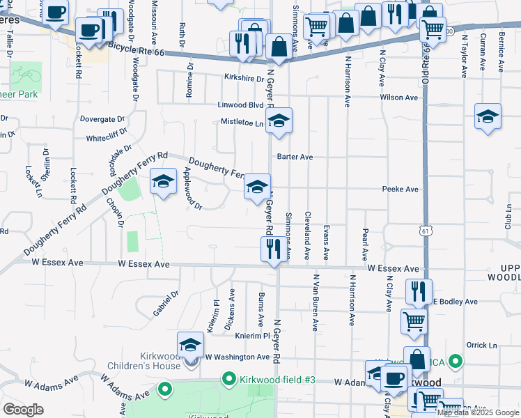 map of restaurants, bars, coffee shops, grocery stores, and more near 725 North Geyer Road in Kirkwood