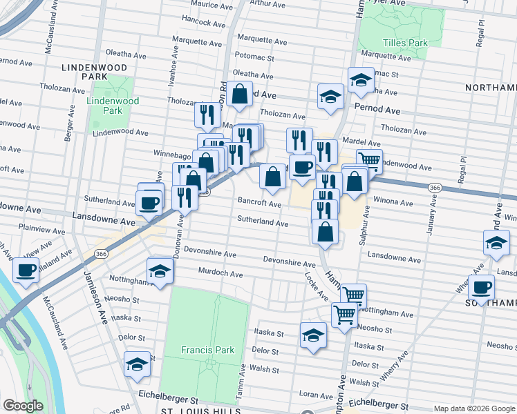map of restaurants, bars, coffee shops, grocery stores, and more near 6334 Bancroft Avenue in St. Louis