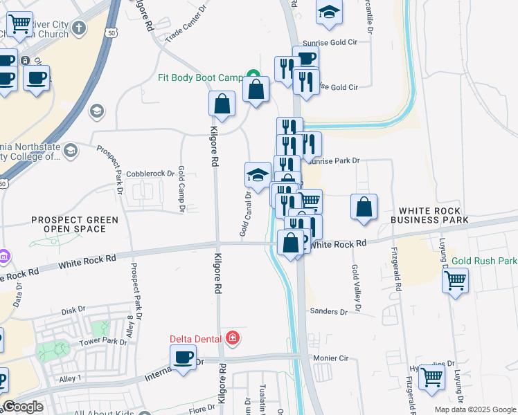 map of restaurants, bars, coffee shops, grocery stores, and more near Folsom South Canal in Rancho Cordova