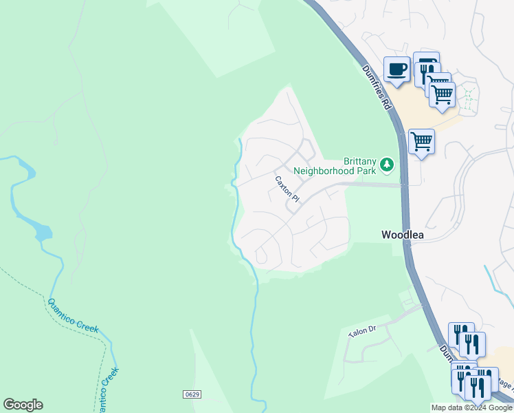 map of restaurants, bars, coffee shops, grocery stores, and more near 16607 Accolon Court in Dumfries