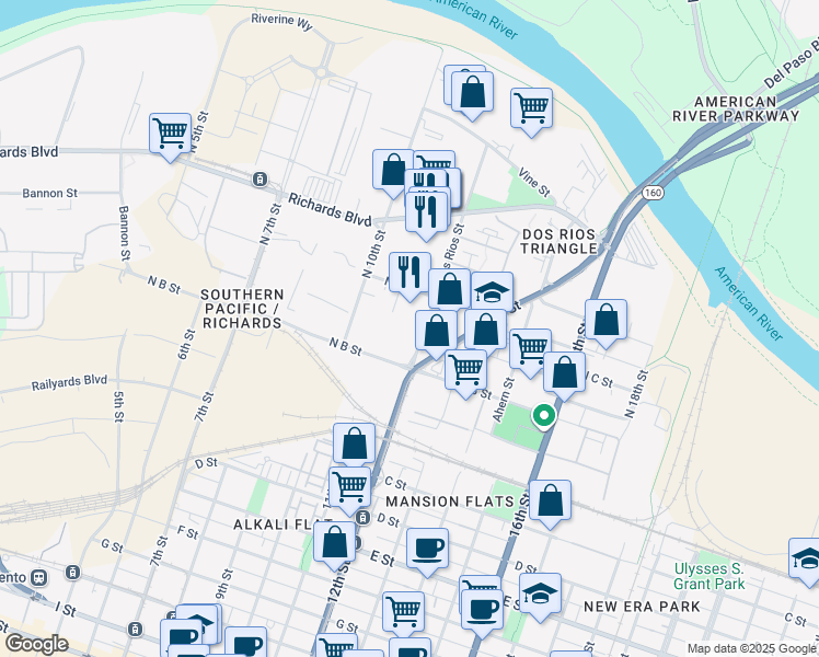 map of restaurants, bars, coffee shops, grocery stores, and more near 250 Dos Rios Street in Sacramento