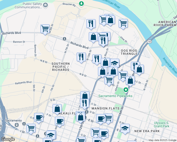 map of restaurants, bars, coffee shops, grocery stores, and more near 241 North 10th Street in Sacramento