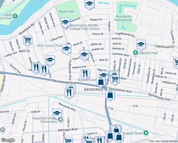 map of restaurants, bars, coffee shops, grocery stores, and more near 28 Simon Terrace in West Sacramento
