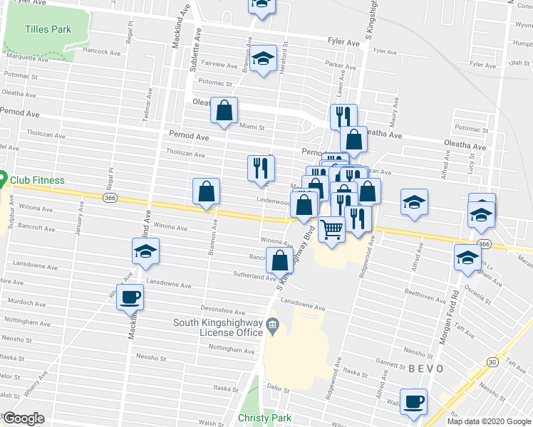 map of restaurants, bars, coffee shops, grocery stores, and more near 4974 Lindenwood Avenue in St. Louis
