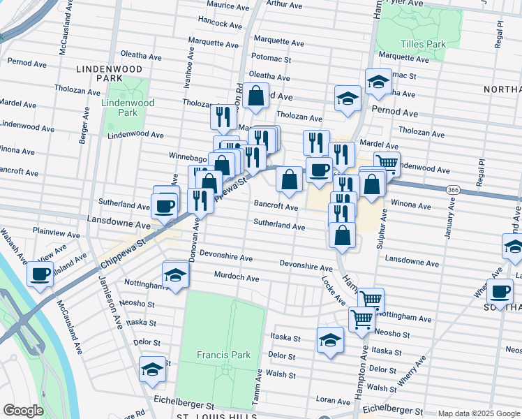 map of restaurants, bars, coffee shops, grocery stores, and more near 6346 Bancroft Avenue in St. Louis