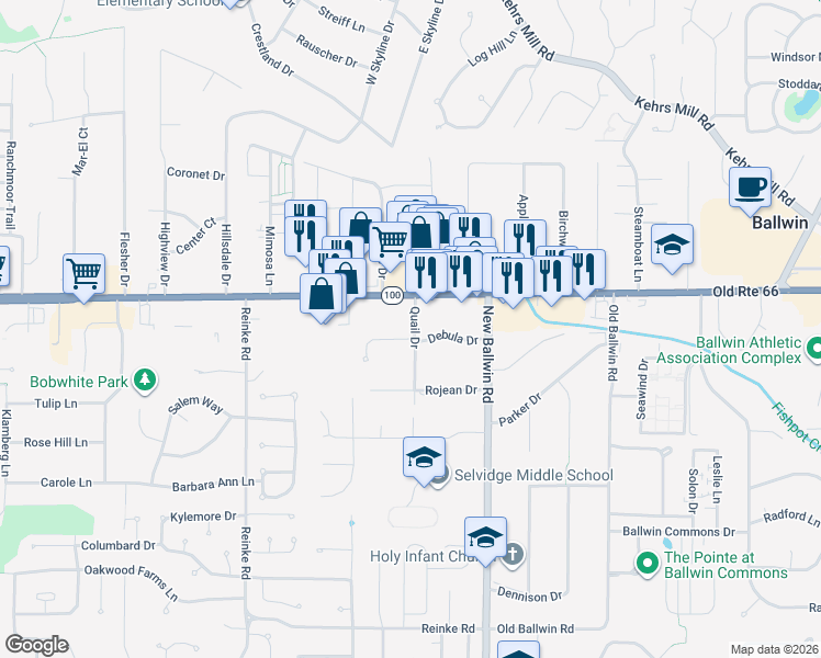 map of restaurants, bars, coffee shops, grocery stores, and more near 759 Debula Drive in Ellisville