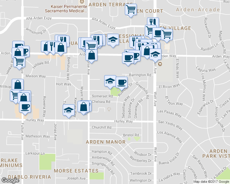 map of restaurants, bars, coffee shops, grocery stores, and more near 1450 Dom Way in Sacramento