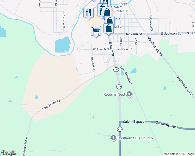 map of restaurants, bars, coffee shops, grocery stores, and more near 702 West Becks Mill Road in Salem