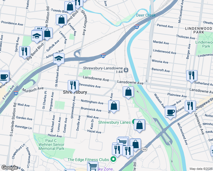 map of restaurants, bars, coffee shops, grocery stores, and more near 7311 Devonshire Avenue in St. Louis