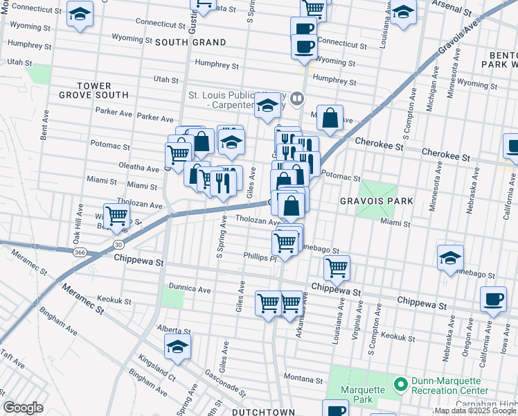 map of restaurants, bars, coffee shops, grocery stores, and more near 3654 State Route 30 in St. Louis