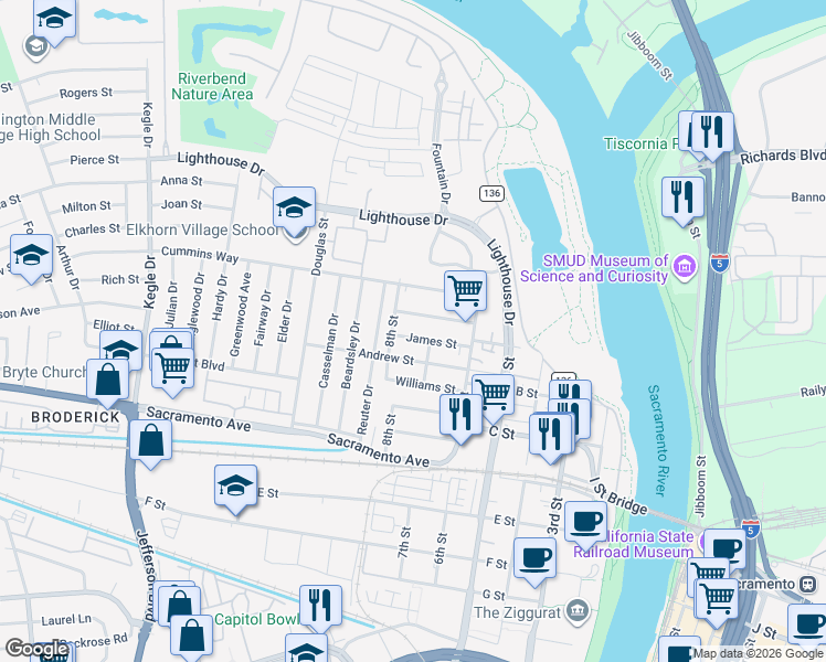 map of restaurants, bars, coffee shops, grocery stores, and more near 628-630 James Street in West Sacramento