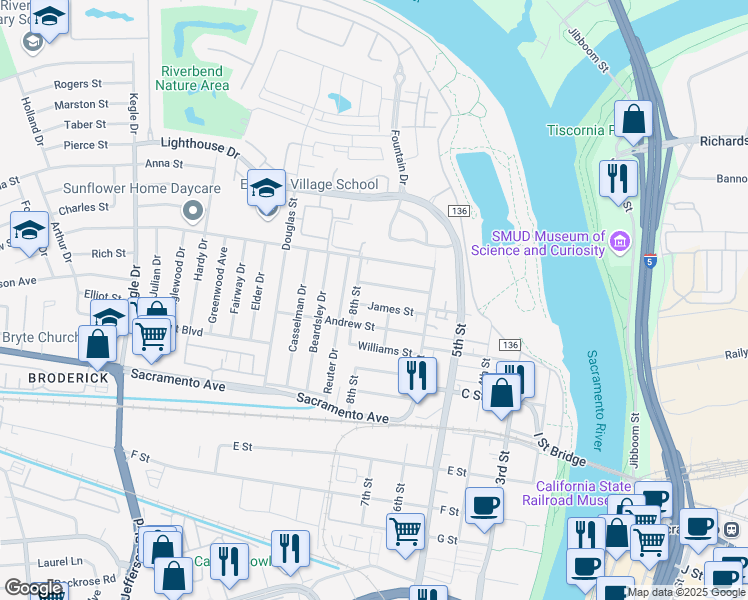 map of restaurants, bars, coffee shops, grocery stores, and more near 628-630 James Street in West Sacramento