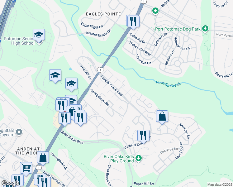 map of restaurants, bars, coffee shops, grocery stores, and more near 2834 Beechtree Lane in Woodbridge