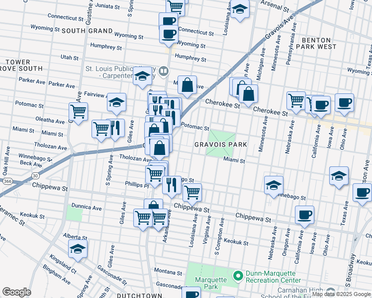 map of restaurants, bars, coffee shops, grocery stores, and more near 3443 Miami Street in St. Louis