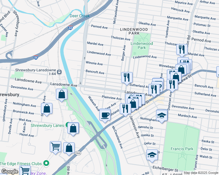 map of restaurants, bars, coffee shops, grocery stores, and more near 6965 Lansdowne Avenue in St. Louis