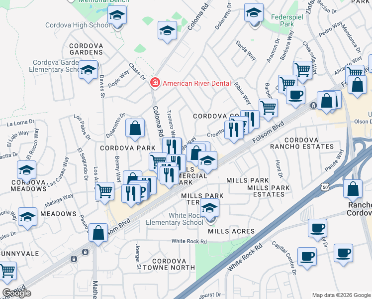 map of restaurants, bars, coffee shops, grocery stores, and more near 10432 Malaga Way in Rancho Cordova