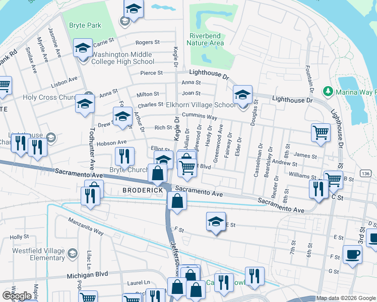 map of restaurants, bars, coffee shops, grocery stores, and more near 812 Julian Drive in West Sacramento