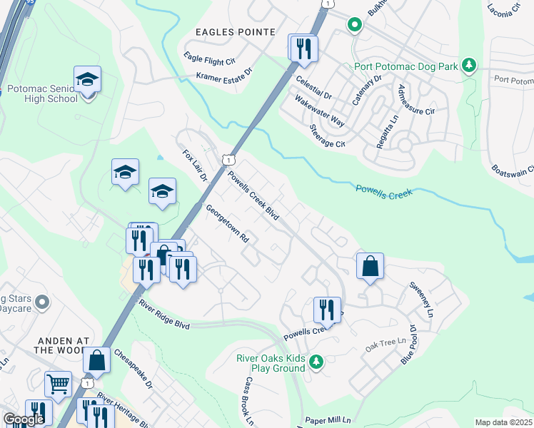 map of restaurants, bars, coffee shops, grocery stores, and more near 2834 Beechtree Lane in Woodbridge