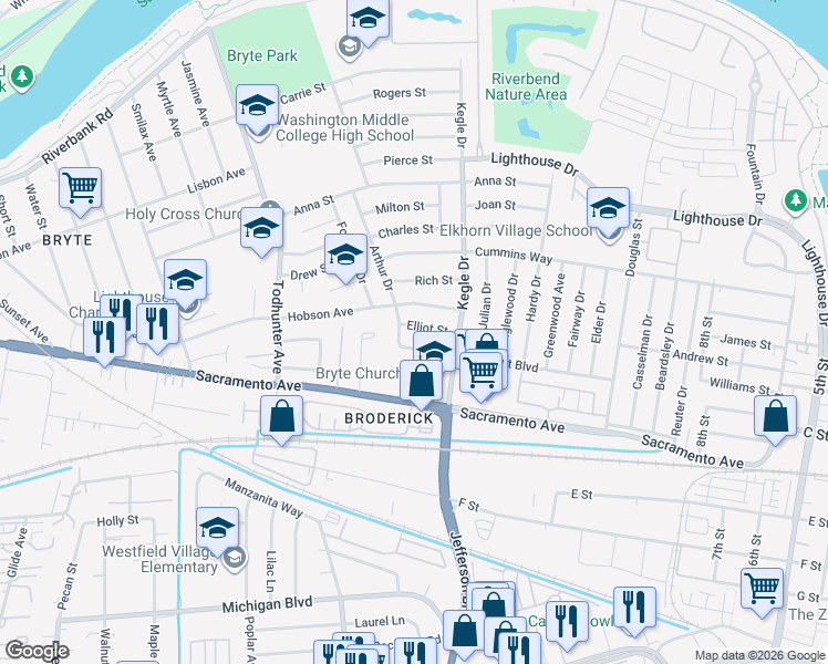 map of restaurants, bars, coffee shops, grocery stores, and more near 1033 Elliot Street in West Sacramento