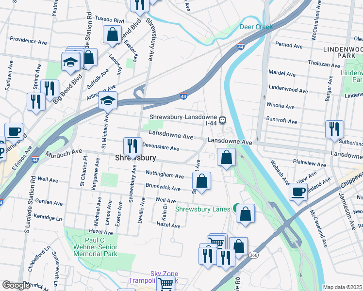 map of restaurants, bars, coffee shops, grocery stores, and more near 7311 Devonshire Avenue in St. Louis