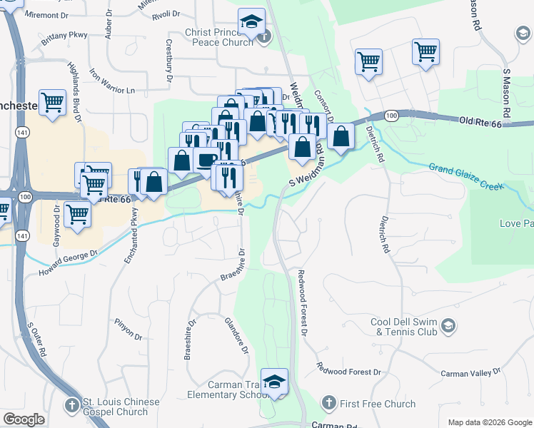 map of restaurants, bars, coffee shops, grocery stores, and more near 185 South Weidman Road in Ballwin