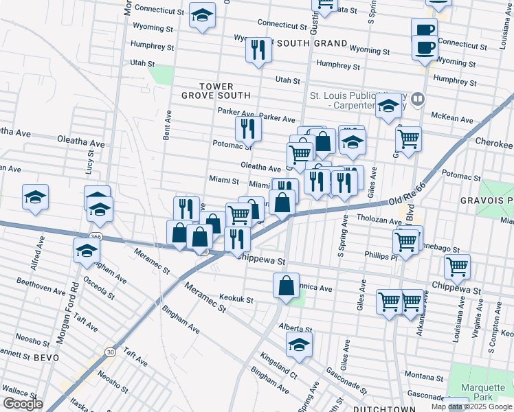 map of restaurants, bars, coffee shops, grocery stores, and more near 3968 Tholozan Avenue in St. Louis