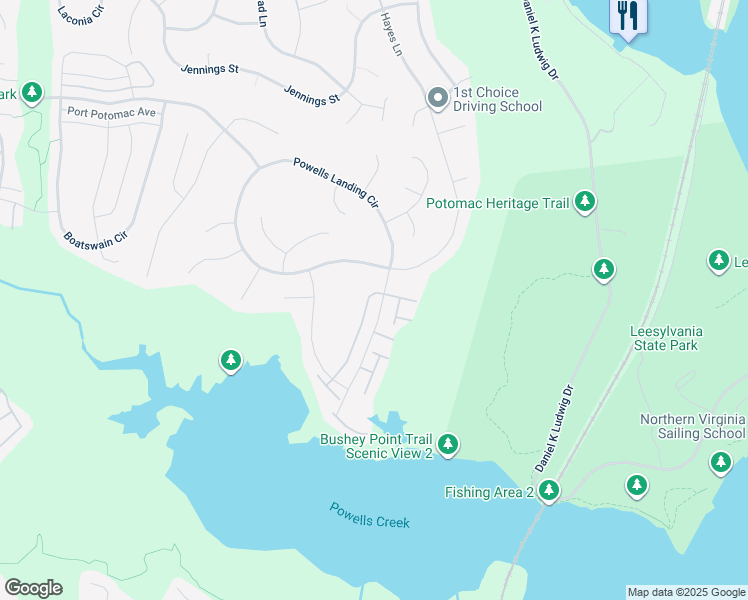 map of restaurants, bars, coffee shops, grocery stores, and more near 16601 Danridge Manor Drive in Woodbridge