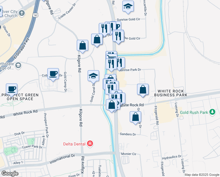 map of restaurants, bars, coffee shops, grocery stores, and more near 3058 Sunrise Boulevard in Rancho Cordova