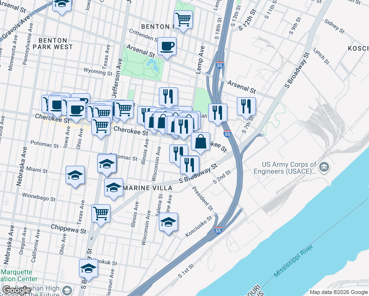 map of restaurants, bars, coffee shops, grocery stores, and more near 3413 Lemp Avenue in St. Louis