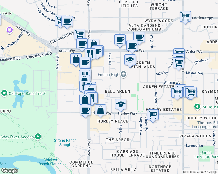 map of restaurants, bars, coffee shops, grocery stores, and more near 1433 Hood Road in Sacramento