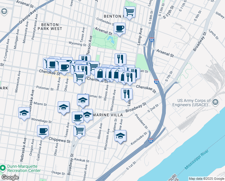 map of restaurants, bars, coffee shops, grocery stores, and more near 3428 Illinois Avenue in St. Louis