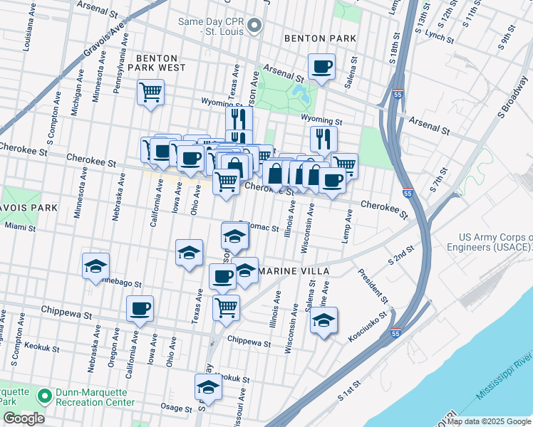 map of restaurants, bars, coffee shops, grocery stores, and more near 3435 Missouri Avenue in St. Louis