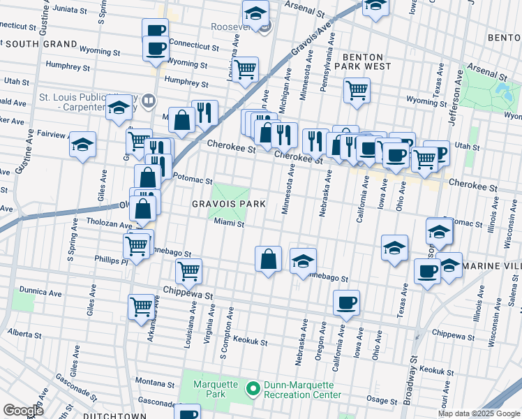 map of restaurants, bars, coffee shops, grocery stores, and more near 3526 South Compton Avenue in St. Louis