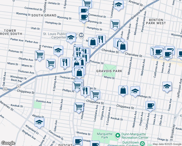map of restaurants, bars, coffee shops, grocery stores, and more near 3443 Miami Street in St. Louis
