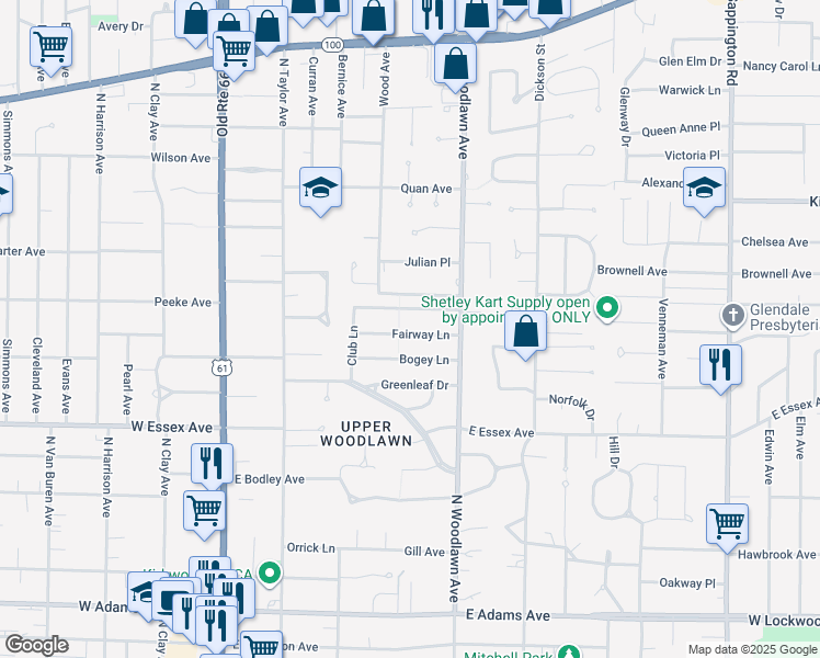 map of restaurants, bars, coffee shops, grocery stores, and more near 409 Fairway Lane in Kirkwood