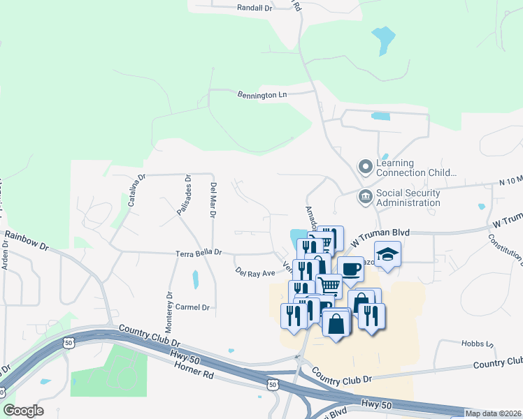 map of restaurants, bars, coffee shops, grocery stores, and more near 117 North Ventura Avenue in Jefferson City