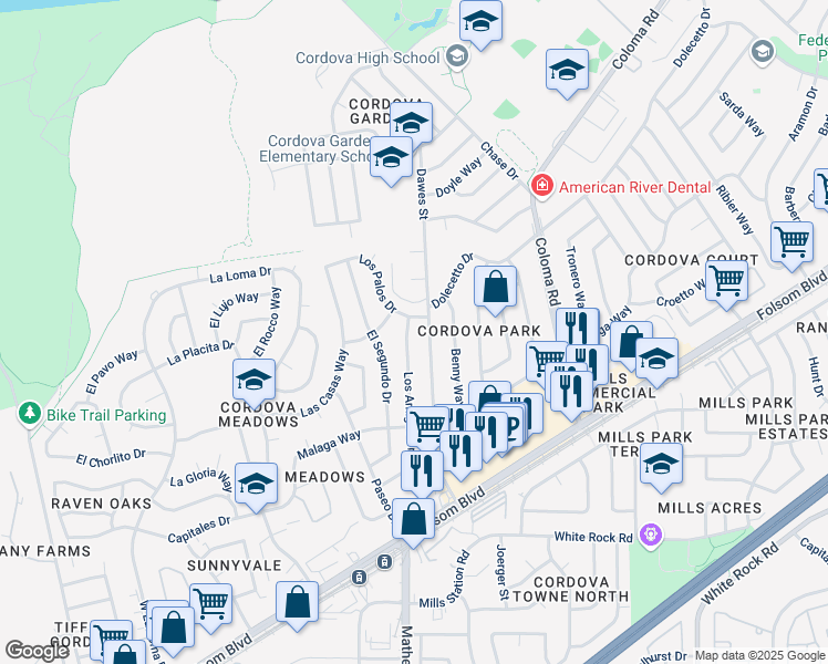 map of restaurants, bars, coffee shops, grocery stores, and more near 2607 Los Amigos Drive in Rancho Cordova