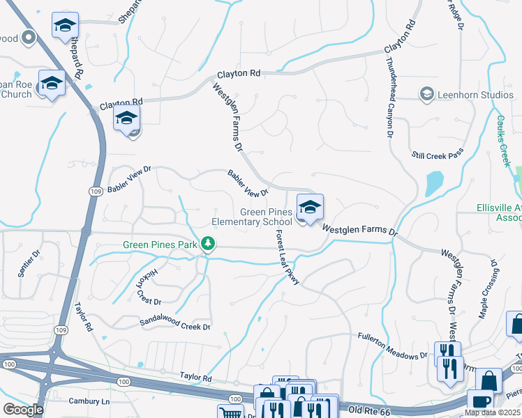 map of restaurants, bars, coffee shops, grocery stores, and more near 2319 Johnnycake Ridge Court in Ballwin