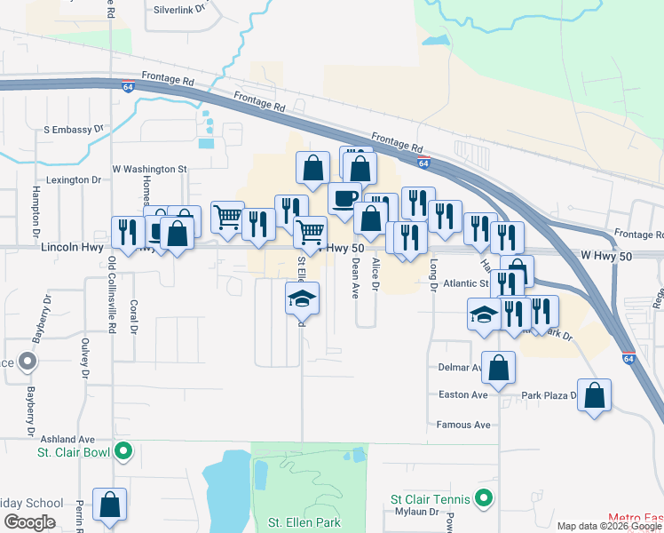 map of restaurants, bars, coffee shops, grocery stores, and more near 1605 U.S. 50 in O'Fallon