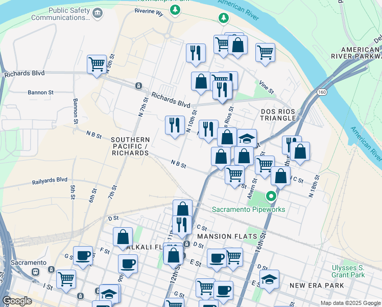 map of restaurants, bars, coffee shops, grocery stores, and more near 241 N 10th St in Sacramento