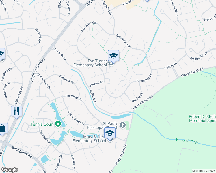 map of restaurants, bars, coffee shops, grocery stores, and more near 1270 Bannister Circle in Waldorf