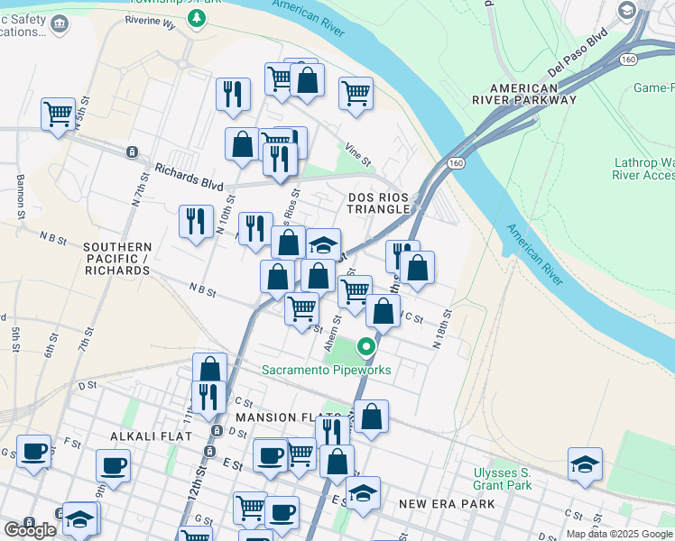 map of restaurants, bars, coffee shops, grocery stores, and more near 321 North 12th Street in Sacramento