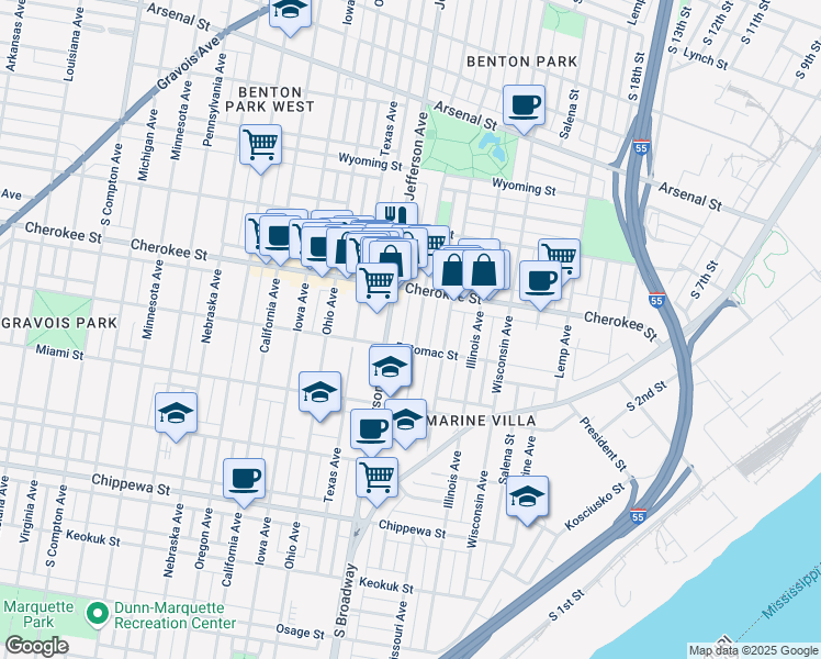 map of restaurants, bars, coffee shops, grocery stores, and more near 3438 South Jefferson Avenue in St. Louis