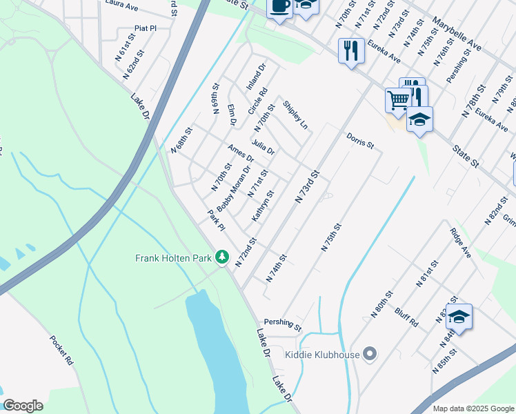 map of restaurants, bars, coffee shops, grocery stores, and more near 7104 Russell Avenue in East St. Louis