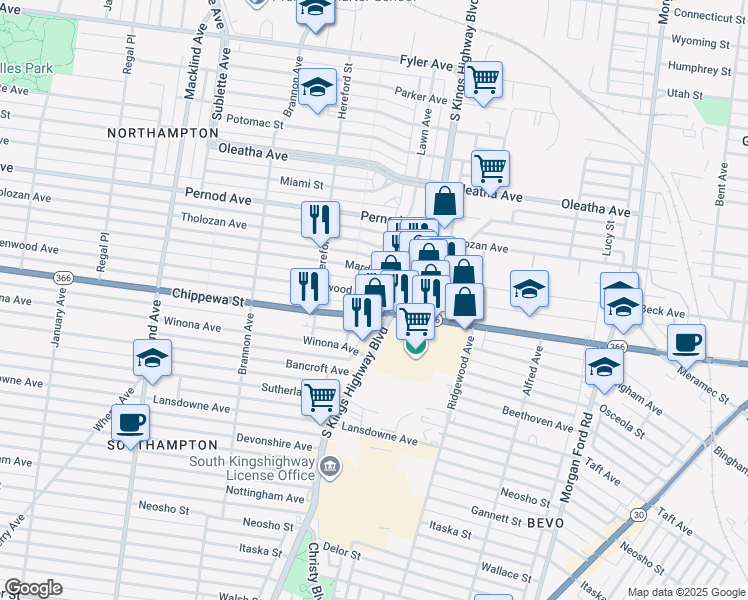 map of restaurants, bars, coffee shops, grocery stores, and more near 4921 Lindenwood Avenue in St. Louis