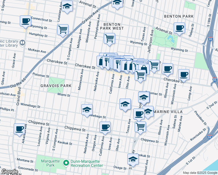 map of restaurants, bars, coffee shops, grocery stores, and more near 3458 Oregon Avenue in St. Louis