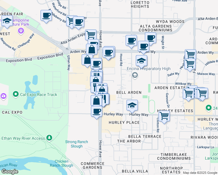 map of restaurants, bars, coffee shops, grocery stores, and more near 1420 Howe Avenue in Sacramento